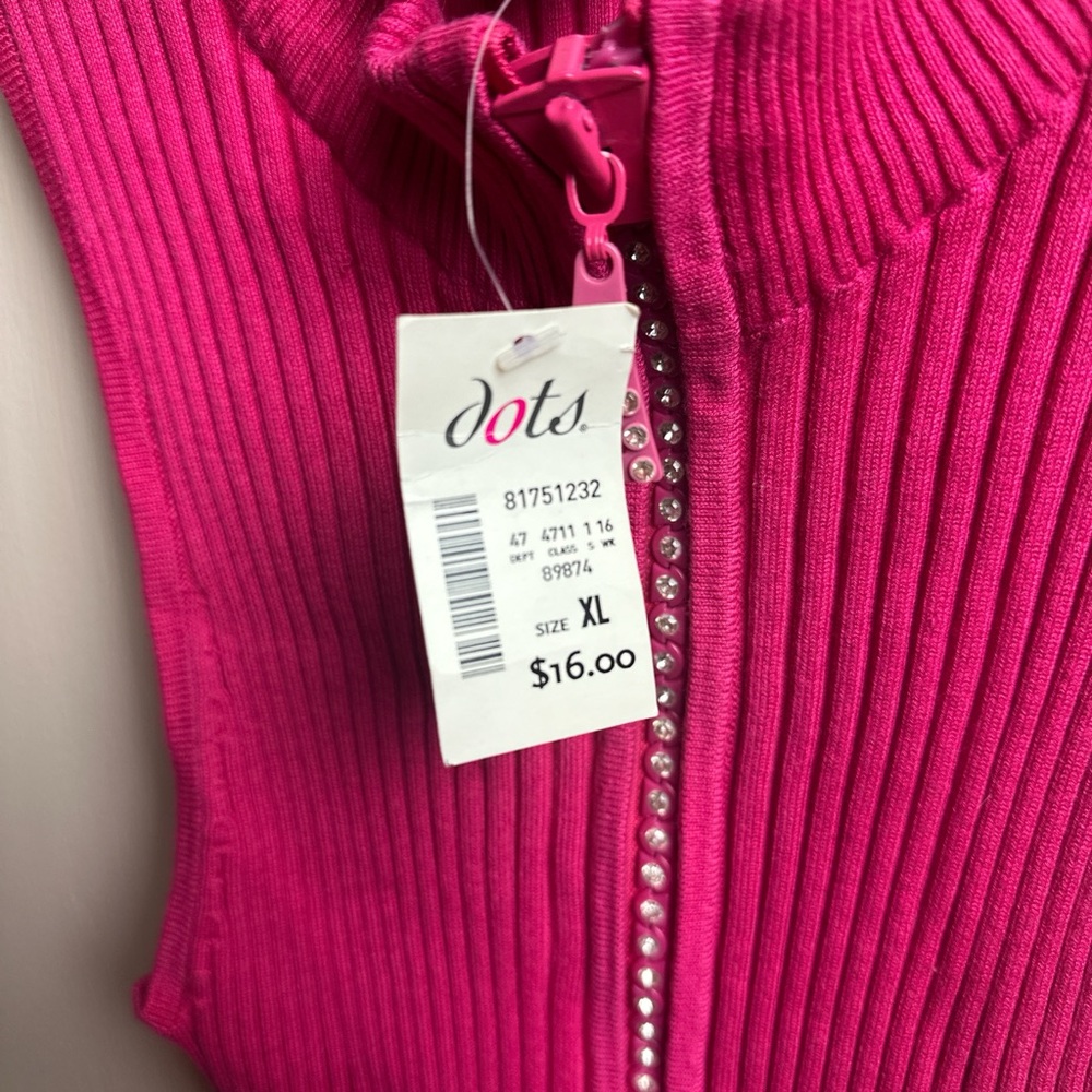 Y2K Pink Sleeveless Tank Top w Rhinestone Zipper Sweater Material - Picture 6 of 8